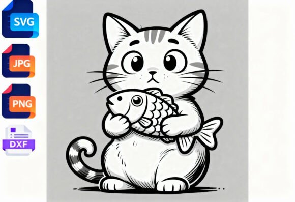 Cute Cat Holding Fish SVG Clipart Review