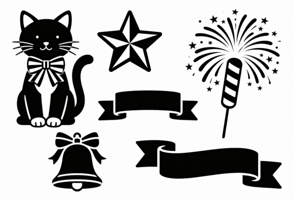 Cute Cat Star Bell Fireworks Ribbon SVG