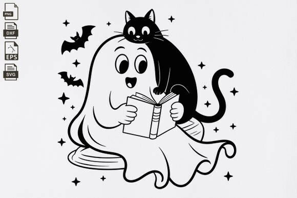Cute Ghost Reading Book Svg, Black Cat