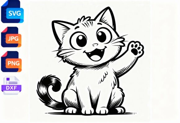 Cute Waving Cat Black and White SVG Review